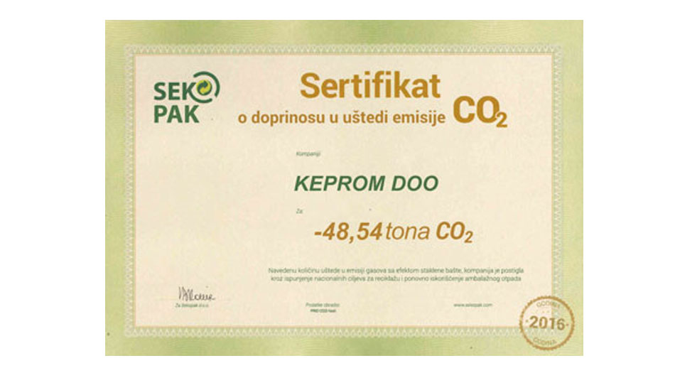 Keprom receives the certificate of CO2 emission reduction for the year 2016