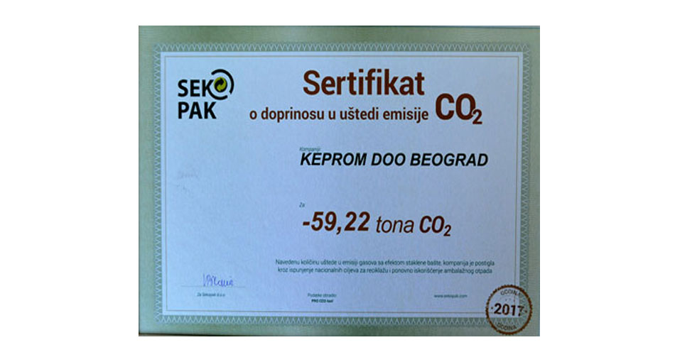 Keprom is awarded the certificate of CO2 emission reduction for the year 2017
